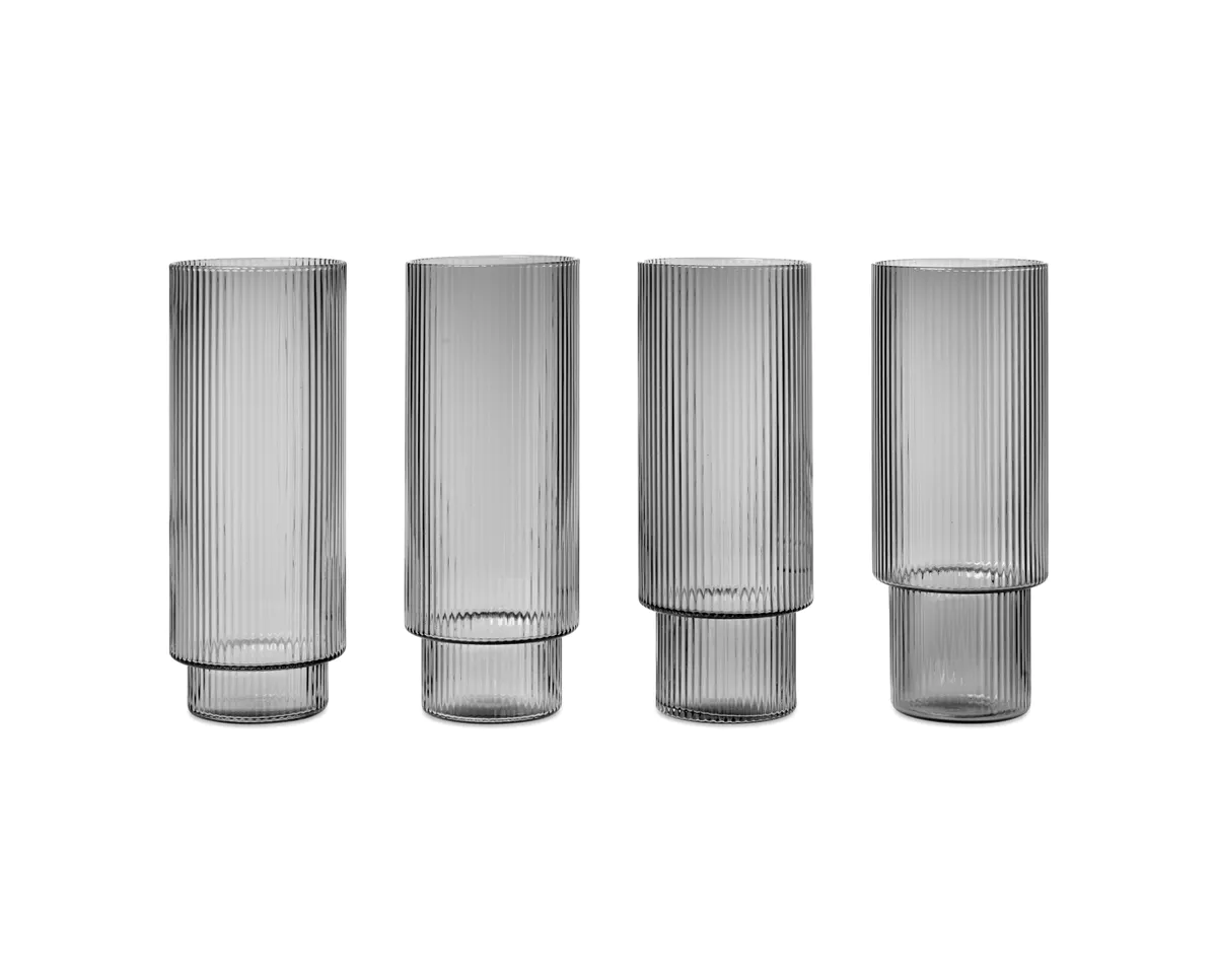 Ferm Living Ripple Long Drink Glass 4pk, Smoked Grey